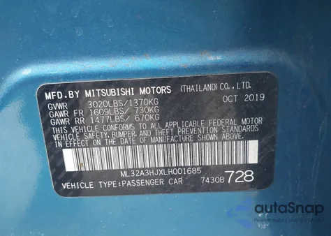 2020 Mitsubishi Mirage Es from USA, damaged, VIN ML32A3HJXLH001685